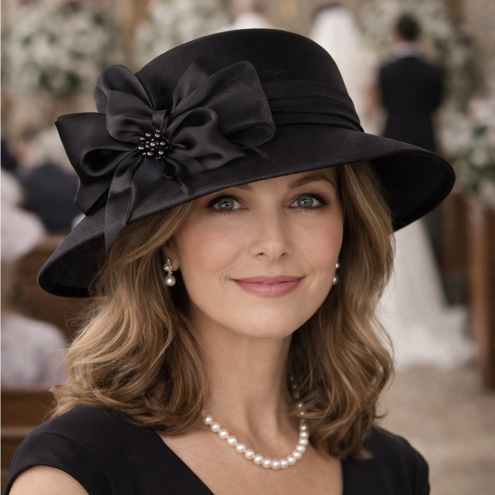 August Hat Company Black Satin Church Wedding Dress Hat